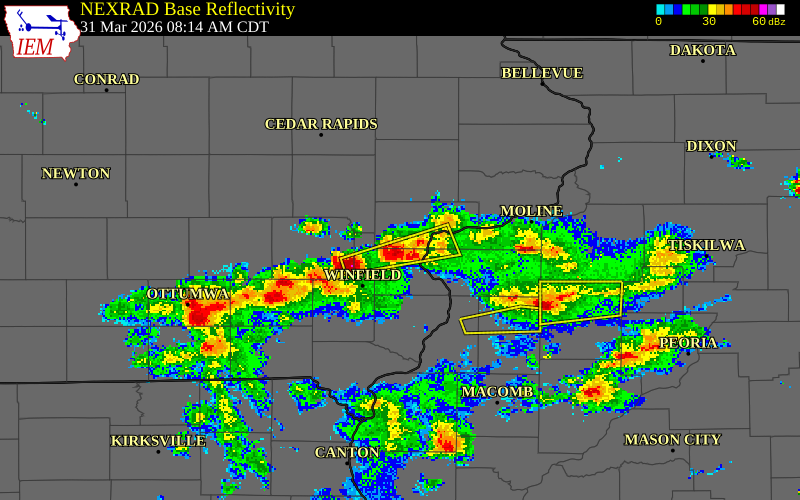 NEXRAD radar during the Tuesday, March 31, 2026 storm activity in Louisa County, Iowa