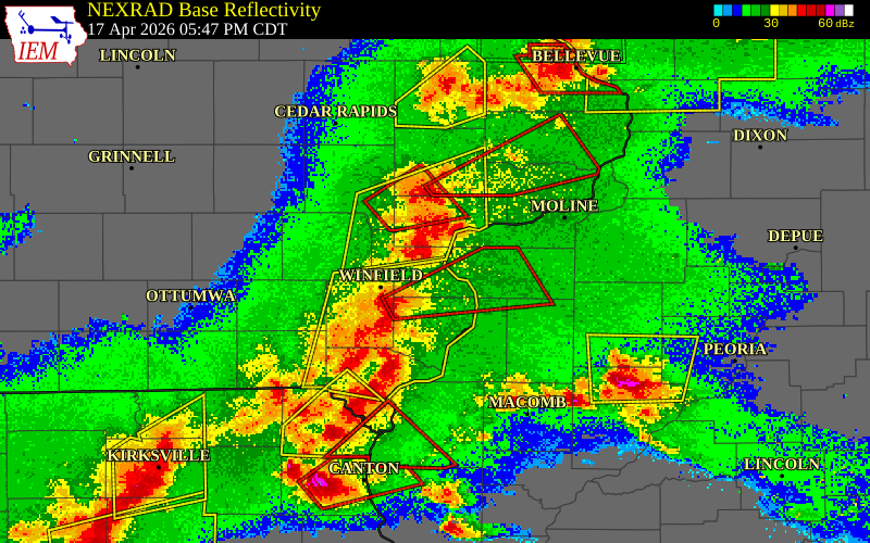 NEXRAD radar during the Friday, April 17, 2026 storm activity in Louisa County, Iowa