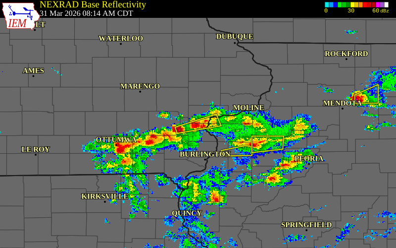 Radar snapshot during the Mar 31, 2026 hail event near Letts, Louisa County, Iowa, with NWS warning polygons
