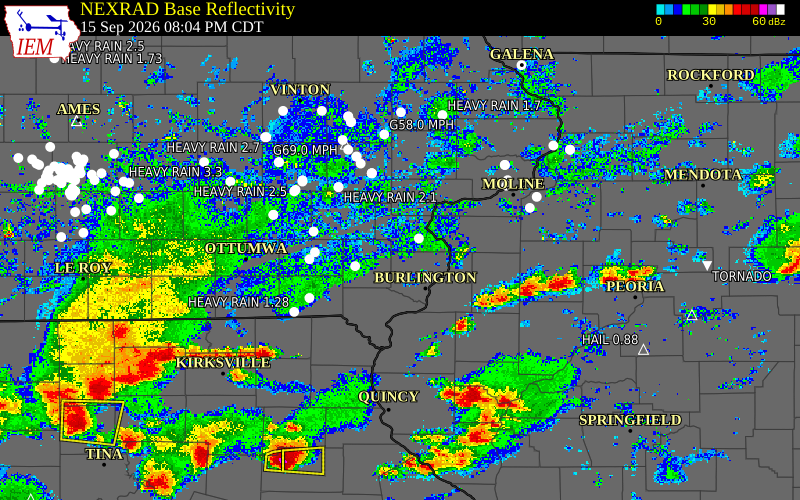 Current NEXRAD radar over Louisa County, Iowa with recent storm report locations