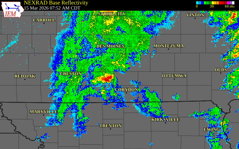NEXRAD radar during the Sunday, March 15, 2026 storm activity in Lucas County, Iowa