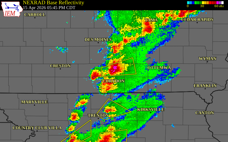 NEXRAD radar during the Wednesday, April 15, 2026 storm activity in Lucas County, Iowa
