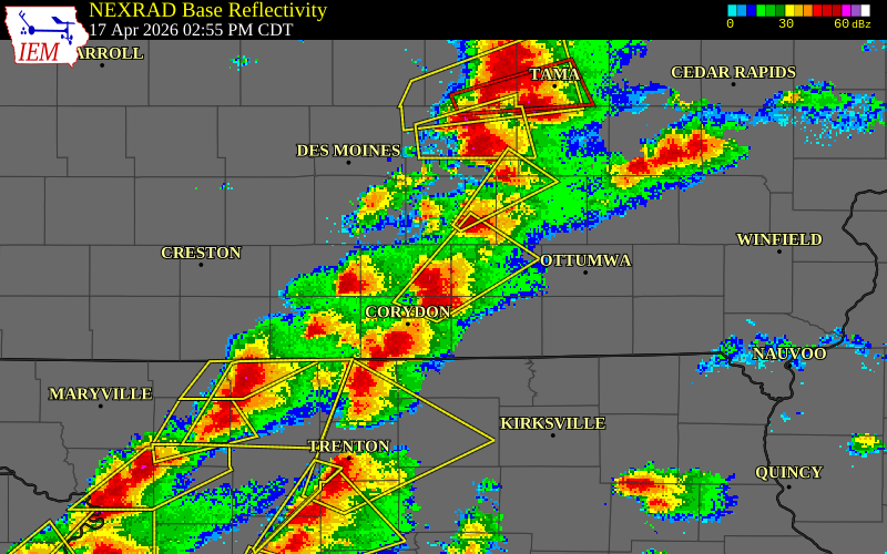 NEXRAD radar during the Friday, April 17, 2026 storm activity in Lucas County, Iowa