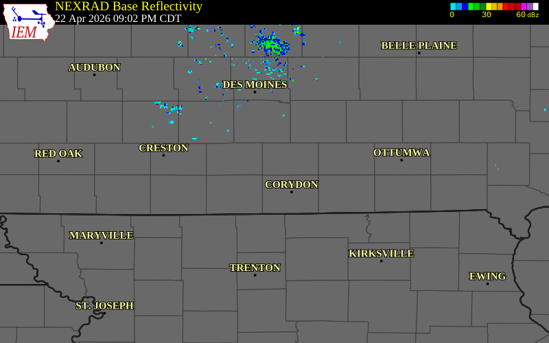 NEXRAD radar during the Wednesday, April 22, 2026 storm activity in Lucas County, Iowa