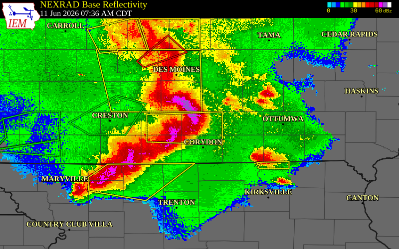 NEXRAD radar during the Thursday, June 11, 2026 storm activity in Lucas County, Iowa
