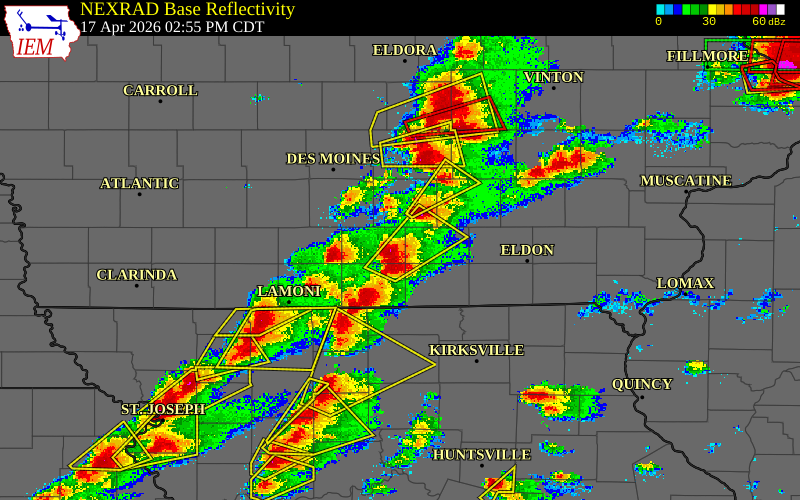 Radar snapshot during the Apr 17, 2026 hail event near 3 ENE Russell, Lucas County, Iowa, with NWS warning polygons