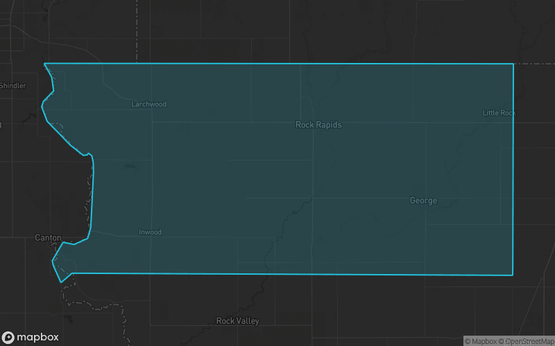 Map of Lyon County, Iowa showing the county boundary and surrounding cities