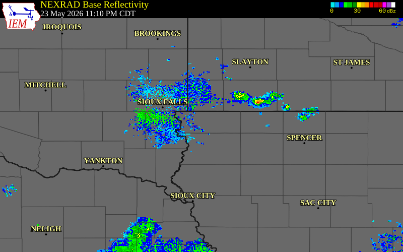 NEXRAD radar during the Saturday, May 23, 2026 storm activity in Lyon County, Iowa