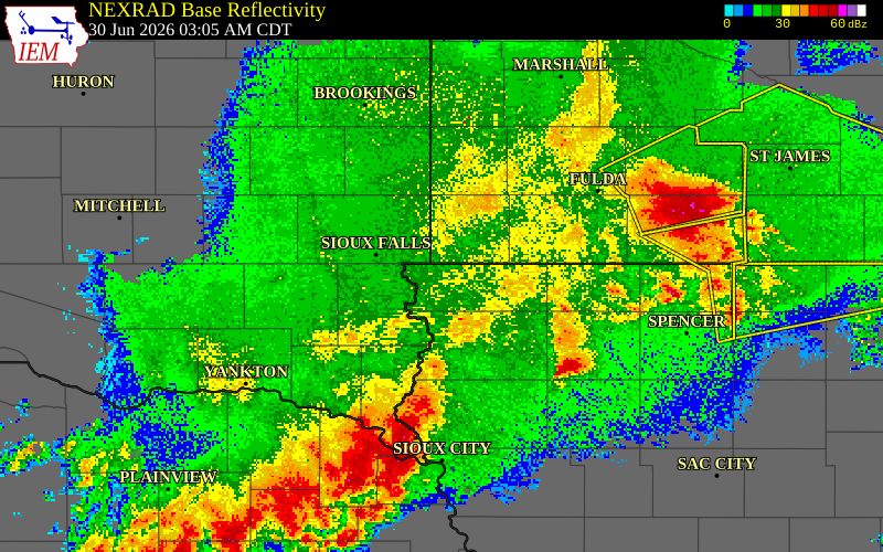 NEXRAD radar during the Tuesday, June 30, 2026 storm activity in Lyon County, Iowa
