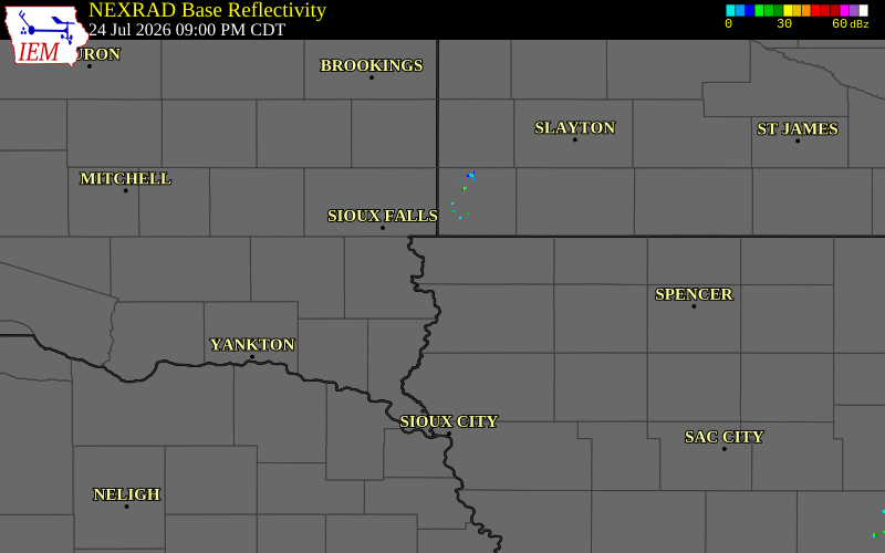 NEXRAD radar during the Friday, July 24, 2026 storm activity in Lyon County, Iowa