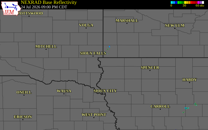 Radar snapshot during the Jul 24, 2026 wind event near 1 NE Inwood, Lyon County, Iowa, with NWS warning polygons