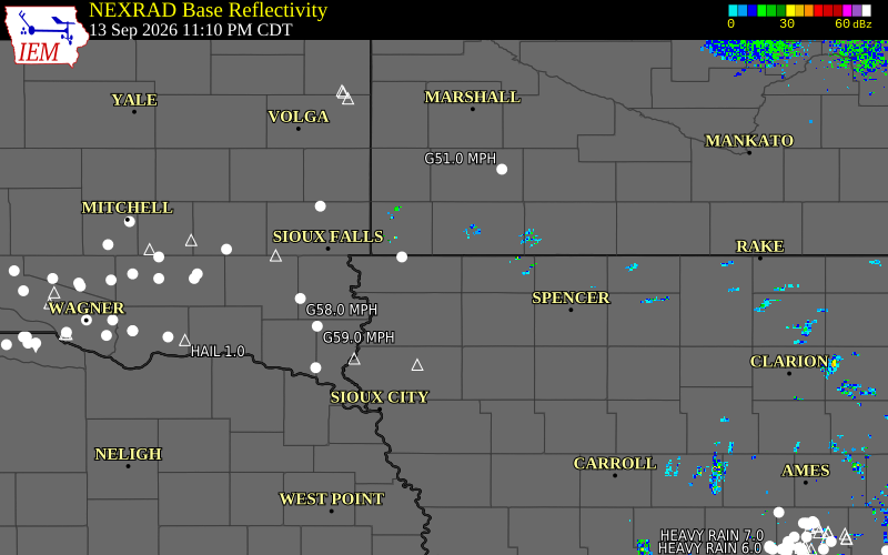 Current NEXRAD radar over Lyon County, Iowa with recent storm report locations
