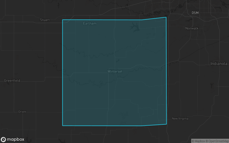 Map of Madison County, Iowa showing the county boundary and surrounding cities