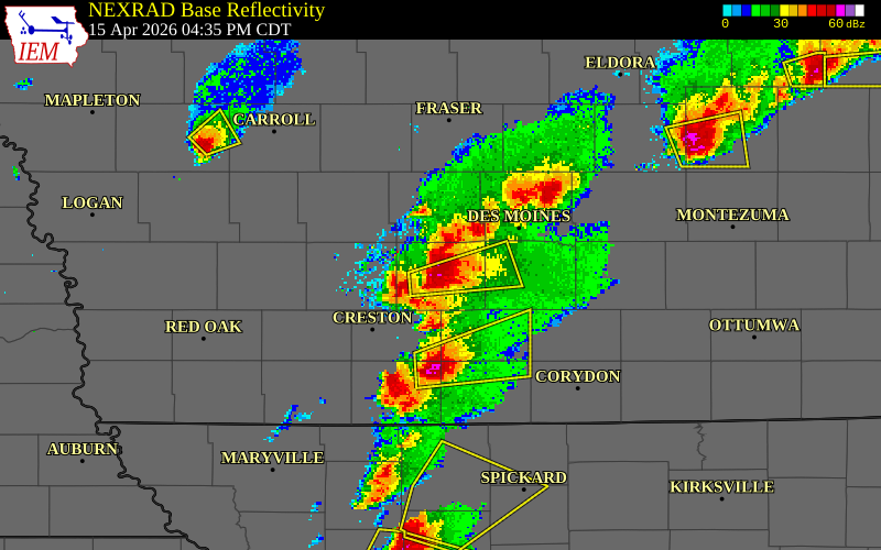 NEXRAD radar during the Wednesday, April 15, 2026 storm activity in Madison County, Iowa