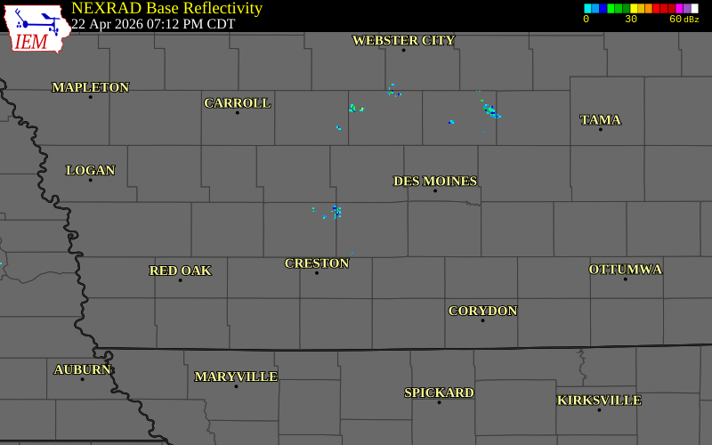 NEXRAD radar during the Wednesday, April 22, 2026 storm activity in Madison County, Iowa