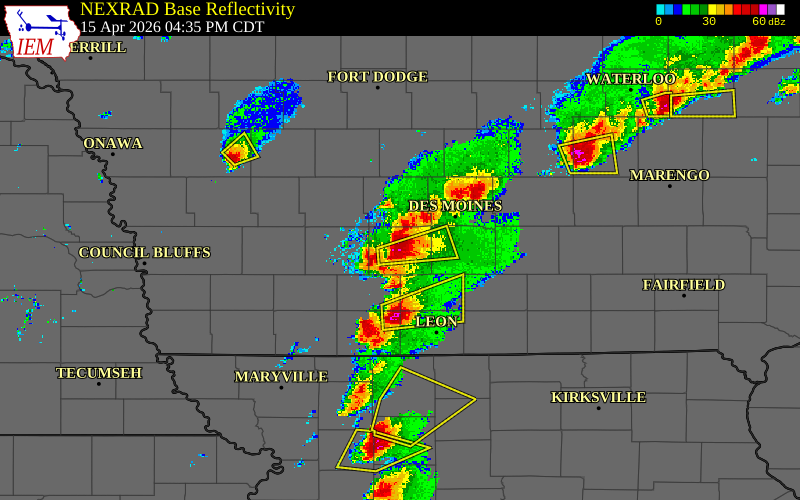 Radar snapshot during the Apr 15, 2026 hail event near Winterset, Madison County, Iowa, with NWS warning polygons