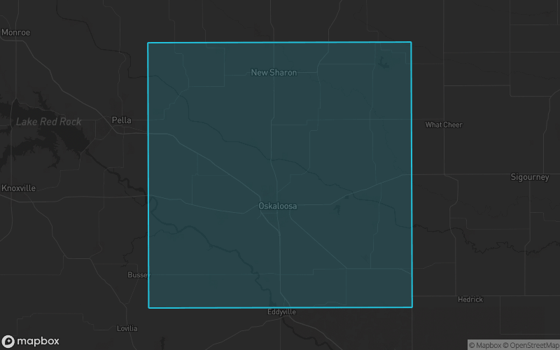 Map of Mahaska County, Iowa showing the county boundary and surrounding cities