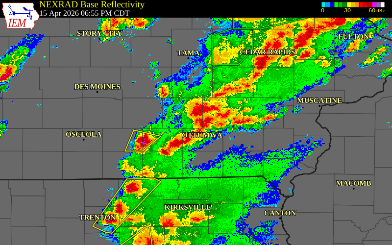 NEXRAD radar during the Wednesday, April 15, 2026 storm activity in Mahaska County, Iowa