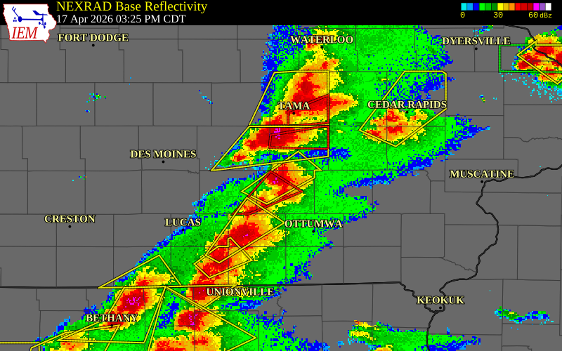 NEXRAD radar during the Friday, April 17, 2026 storm activity in Mahaska County, Iowa