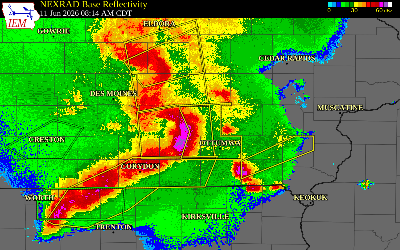 NEXRAD radar during the Thursday, June 11, 2026 storm activity in Mahaska County, Iowa