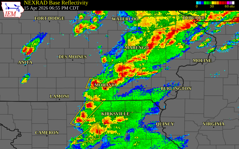 Radar snapshot during the Apr 15, 2026 wind event near 3 WNW Fremont, Mahaska County, Iowa, with NWS warning polygons