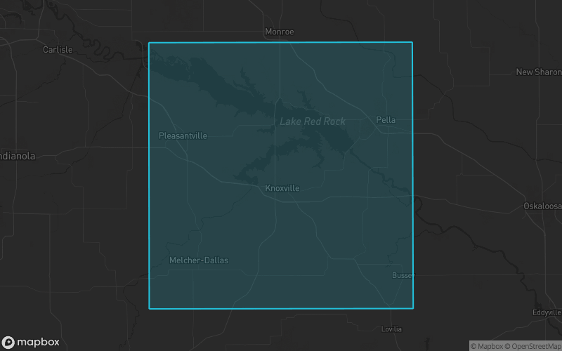 Map of Marion County, Iowa showing the county boundary and surrounding cities