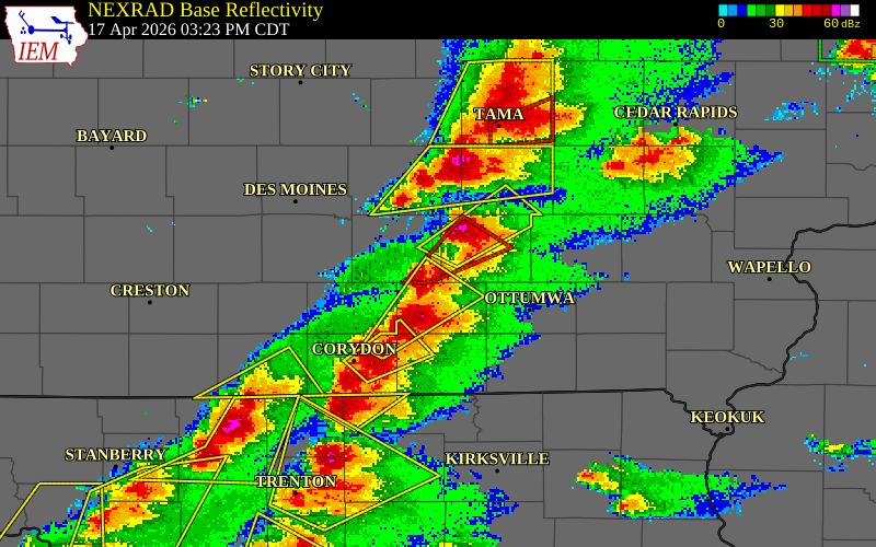 NEXRAD radar during the Friday, April 17, 2026 storm activity in Marion County, Iowa