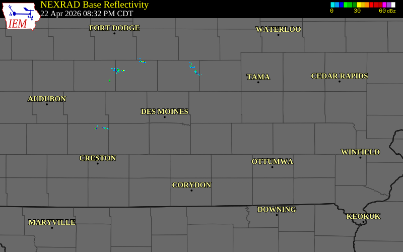 NEXRAD radar during the Wednesday, April 22, 2026 storm activity in Marion County, Iowa