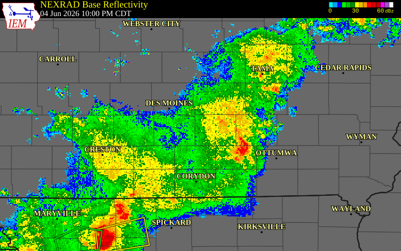 NEXRAD radar during the Thursday, June 4, 2026 storm activity in Marion County, Iowa
