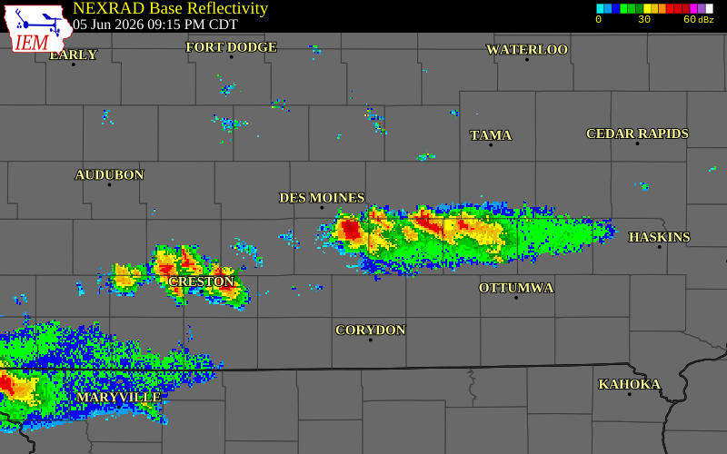 NEXRAD radar during the Friday, June 5, 2026 storm activity in Marion County, Iowa