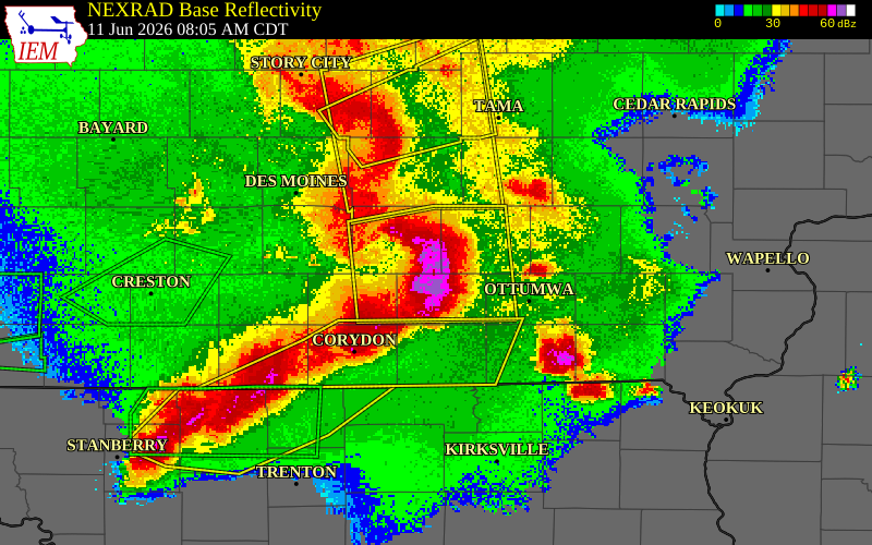 NEXRAD radar during the Thursday, June 11, 2026 storm activity in Marion County, Iowa