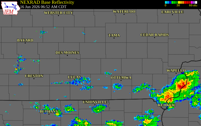 NEXRAD radar during the Tuesday, June 16, 2026 storm activity in Marion County, Iowa