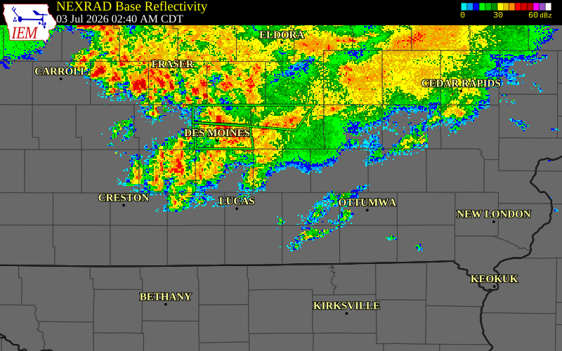 NEXRAD radar during the Friday, July 3, 2026 storm activity in Marion County, Iowa