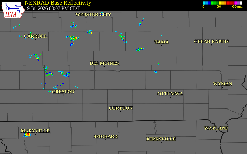 NEXRAD radar during the Sunday, July 19, 2026 storm activity in Marion County, Iowa