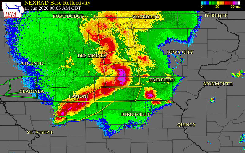 Radar snapshot during the Jun 11, 2026 hail event near Hamilton, Marion County, Iowa, with NWS warning polygons