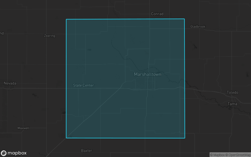 Map of Marshall County, Iowa showing the county boundary and surrounding cities