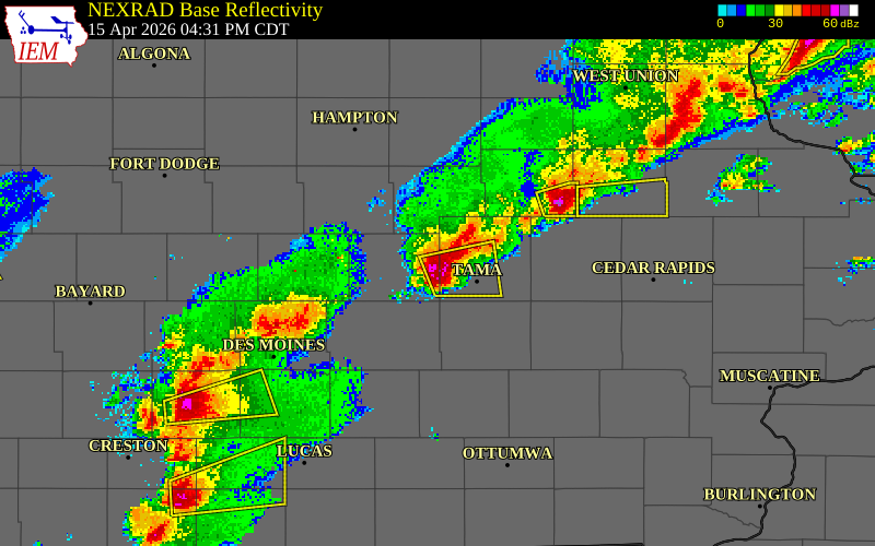NEXRAD radar during the Wednesday, April 15, 2026 storm activity in Marshall County, Iowa