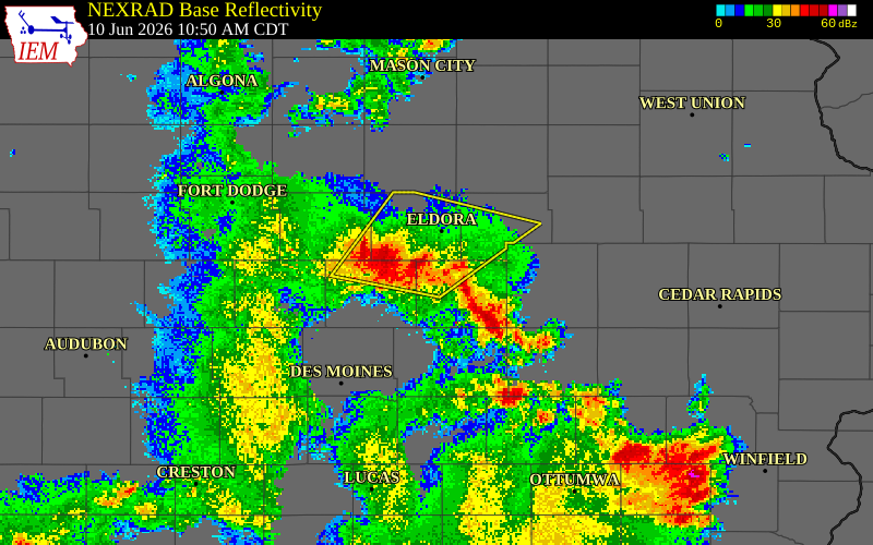 NEXRAD radar during the Wednesday, June 10, 2026 storm activity in Marshall County, Iowa