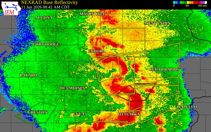 NEXRAD radar during the Thursday, June 11, 2026 storm activity in Marshall County, Iowa