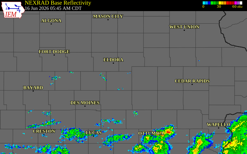 NEXRAD radar during the Tuesday, June 16, 2026 storm activity in Marshall County, Iowa