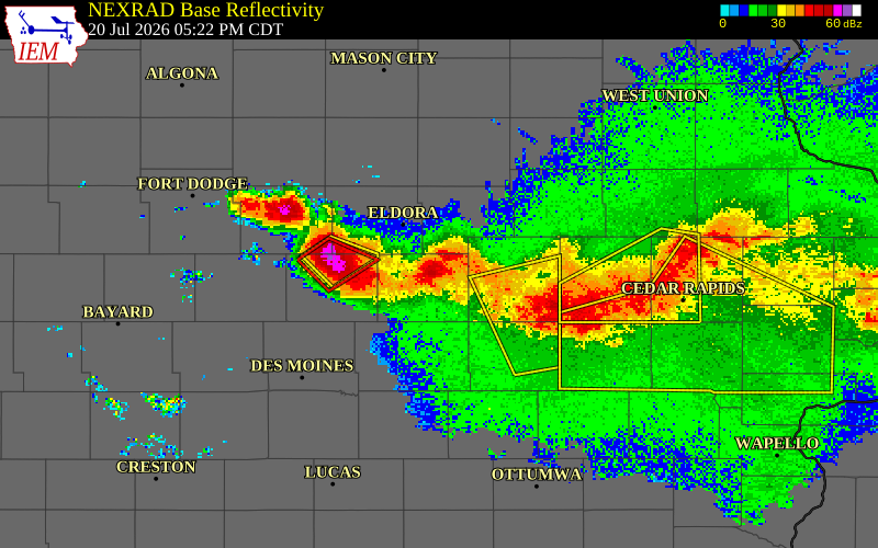 NEXRAD radar during the Monday, July 20, 2026 storm activity in Marshall County, Iowa