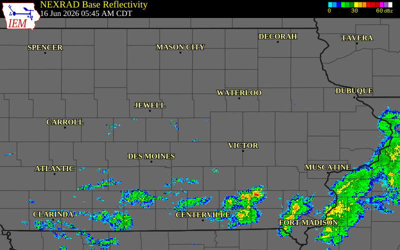Radar snapshot during the Jun 16, 2026 wind event near 4 E Albion, Marshall County, Iowa, with NWS warning polygons