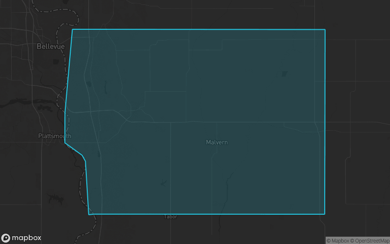 Map of Mills County, Iowa showing the county boundary and surrounding cities