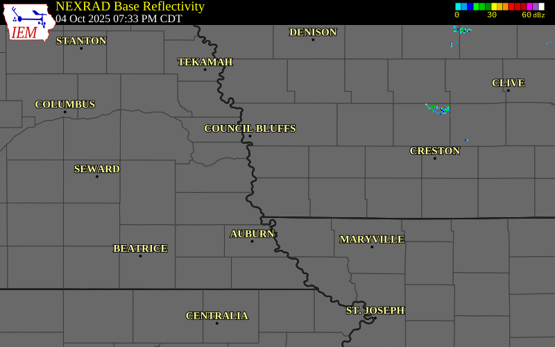 NEXRAD radar during the Saturday, October 4, 2025 storm activity in Mills County, Iowa
