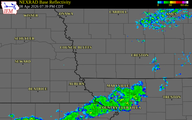 NEXRAD radar during the Wednesday, April 8, 2026 storm activity in Mills County, Iowa