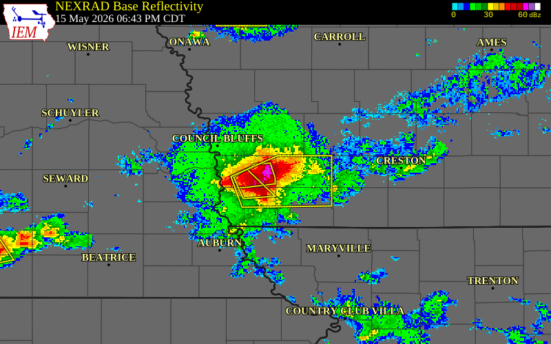 NEXRAD radar during the Friday, May 15, 2026 storm activity in Mills County, Iowa