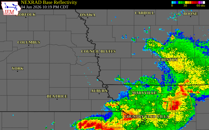 NEXRAD radar during the Thursday, June 4, 2026 storm activity in Mills County, Iowa