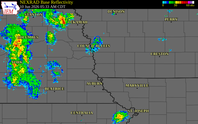 NEXRAD radar during the Wednesday, June 10, 2026 storm activity in Mills County, Iowa