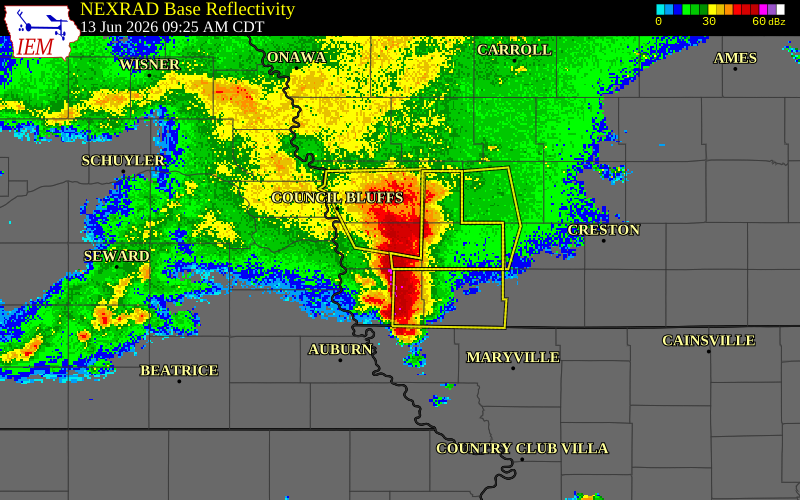 NEXRAD radar during the Saturday, June 13, 2026 storm activity in Mills County, Iowa