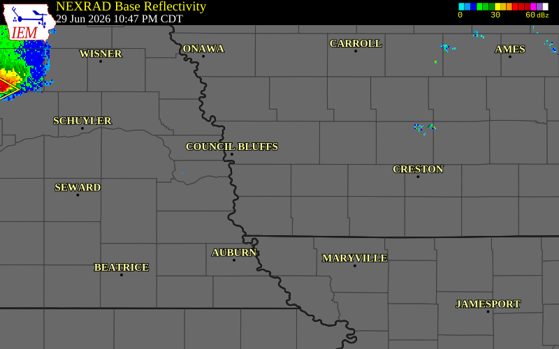 NEXRAD radar during the Monday, June 29, 2026 storm activity in Mills County, Iowa